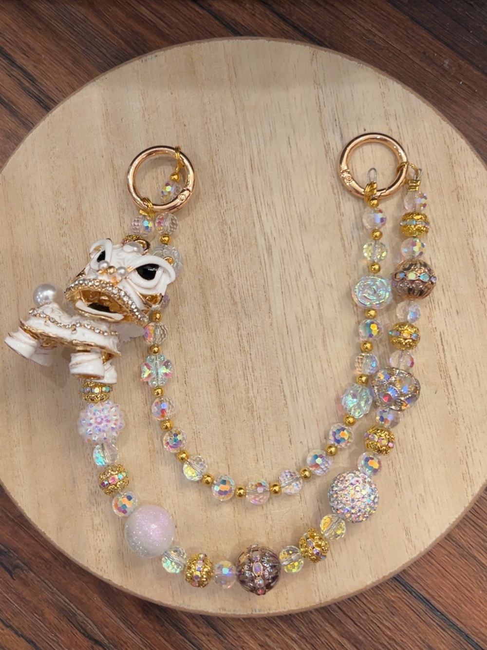 Gold and Iridescent Beaded Chinese Dragon Purse Charm  - Women Accessories